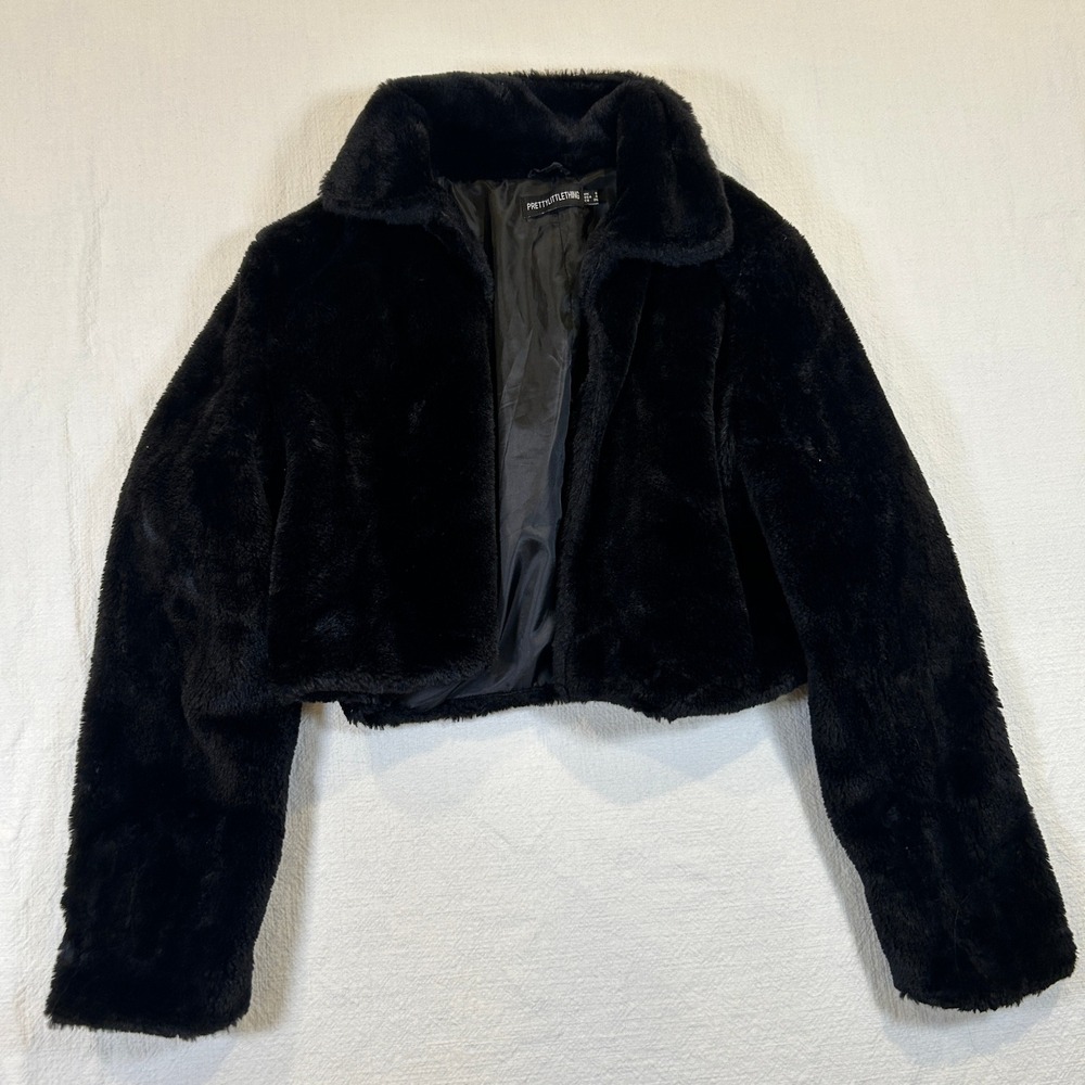 PrettyLittleThing Black Faux Fur Cropped Jacket Coat US 4 UK 8 EU 36